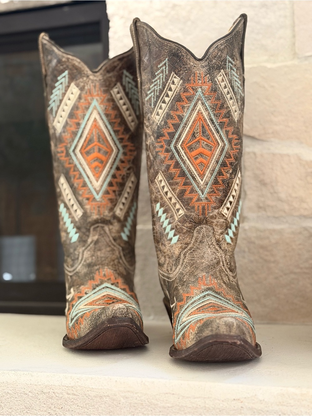 Rustic Brown Decorative Boots with Orange & Teal Embroidery - FANTASTIC